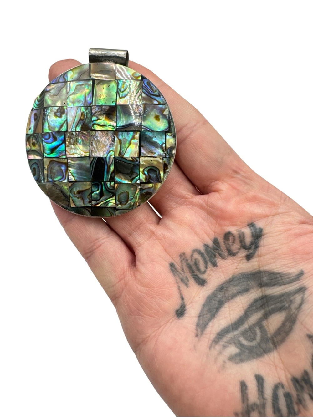 Vintage Southwest Silver Plated Mosaic Abalone Shell Round Pendant Large 2.5”